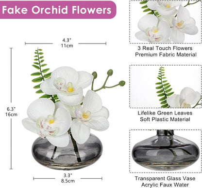 White Orchids Artificial Flowers Faux Orchids Arrangement in Clear Glass Vases Set of 3 Real Touch Phalaenopsis Orchid Flowers Small Fake Orchid Centerpiece for Dining Room Table