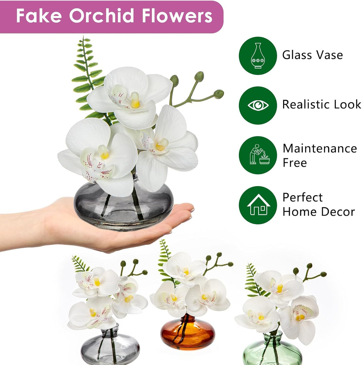 White Orchids Artificial Flowers Faux Orchids Arrangement in Clear Glass Vases Set of 3 Real Touch Phalaenopsis Orchid Flowers Small Fake Orchid Centerpiece for Dining Room Table