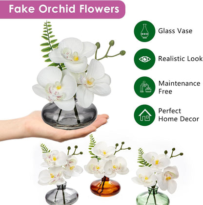White Orchids Artificial Flowers Faux Orchids Arrangement in Clear Glass Vases Set of 3 Real Touch Phalaenopsis Orchid Flowers Small Fake Orchid Centerpiece for Dining Room Table