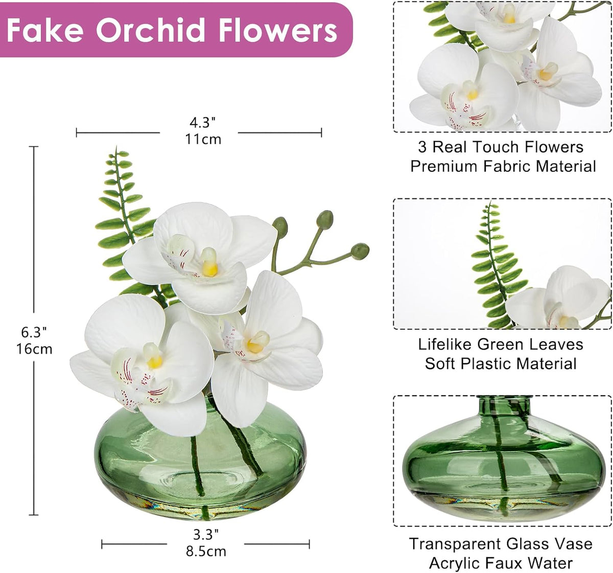 White Orchids Artificial Flowers Faux Orchids Arrangement in Clear Glass Vases Set of 3 Real Touch Phalaenopsis Orchid Flowers Small Fake Orchid Centerpiece for Dining Room Table