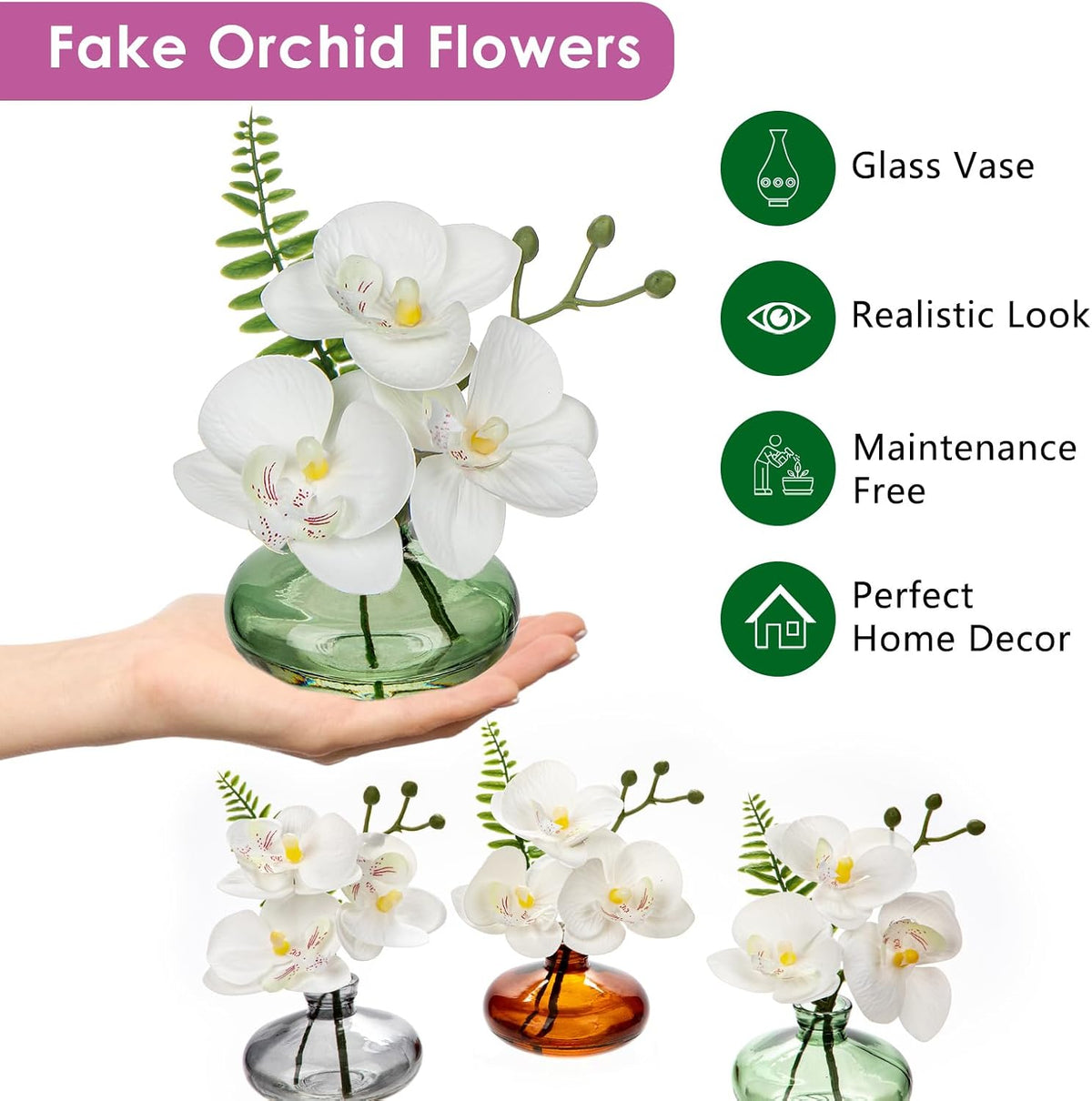 White Orchids Artificial Flowers Faux Orchids Arrangement in Clear Glass Vases Set of 3 Real Touch Phalaenopsis Orchid Flowers Small Fake Orchid Centerpiece for Dining Room Table