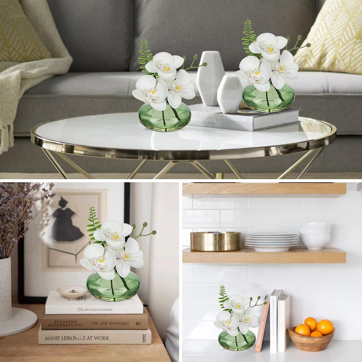 White Orchids Artificial Flowers Faux Orchids Arrangement in Clear Glass Vases Set of 3 Real Touch Phalaenopsis Orchid Flowers Small Fake Orchid Centerpiece for Dining Room Table