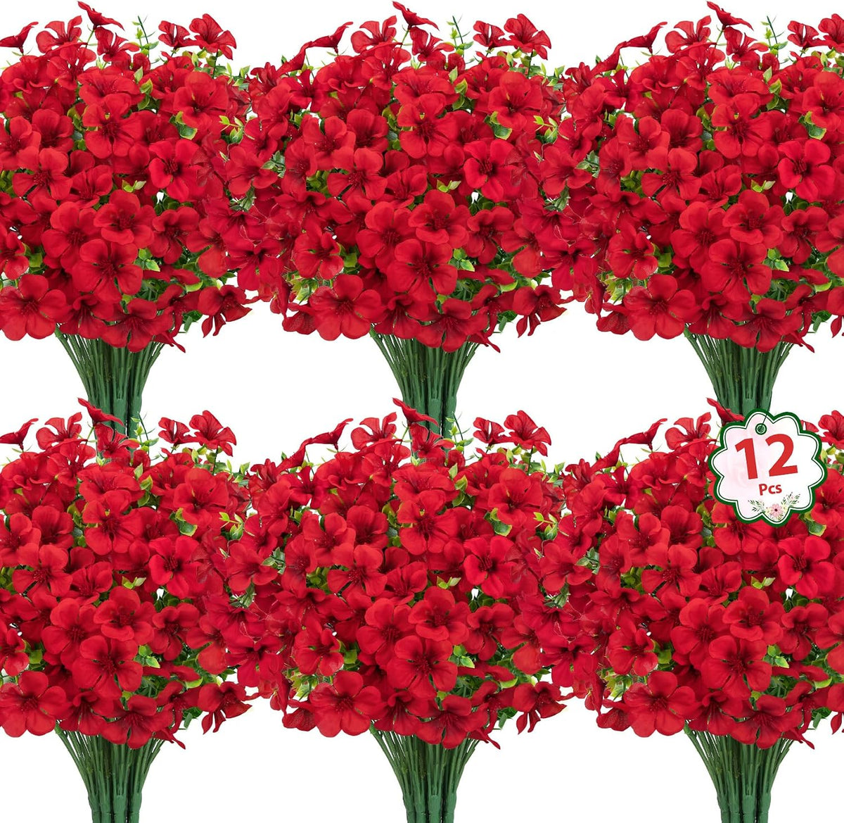 12 Pcs Artificial Geranium Flowers for Outdoors Decoration, Red