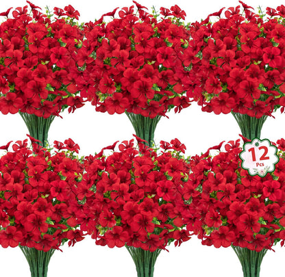 12 Pcs Artificial Geranium Flowers for Outdoors Decoration, Red