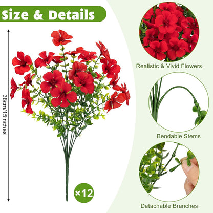 12 Pcs Artificial Geranium Flowers for Outdoors Decoration, Red
