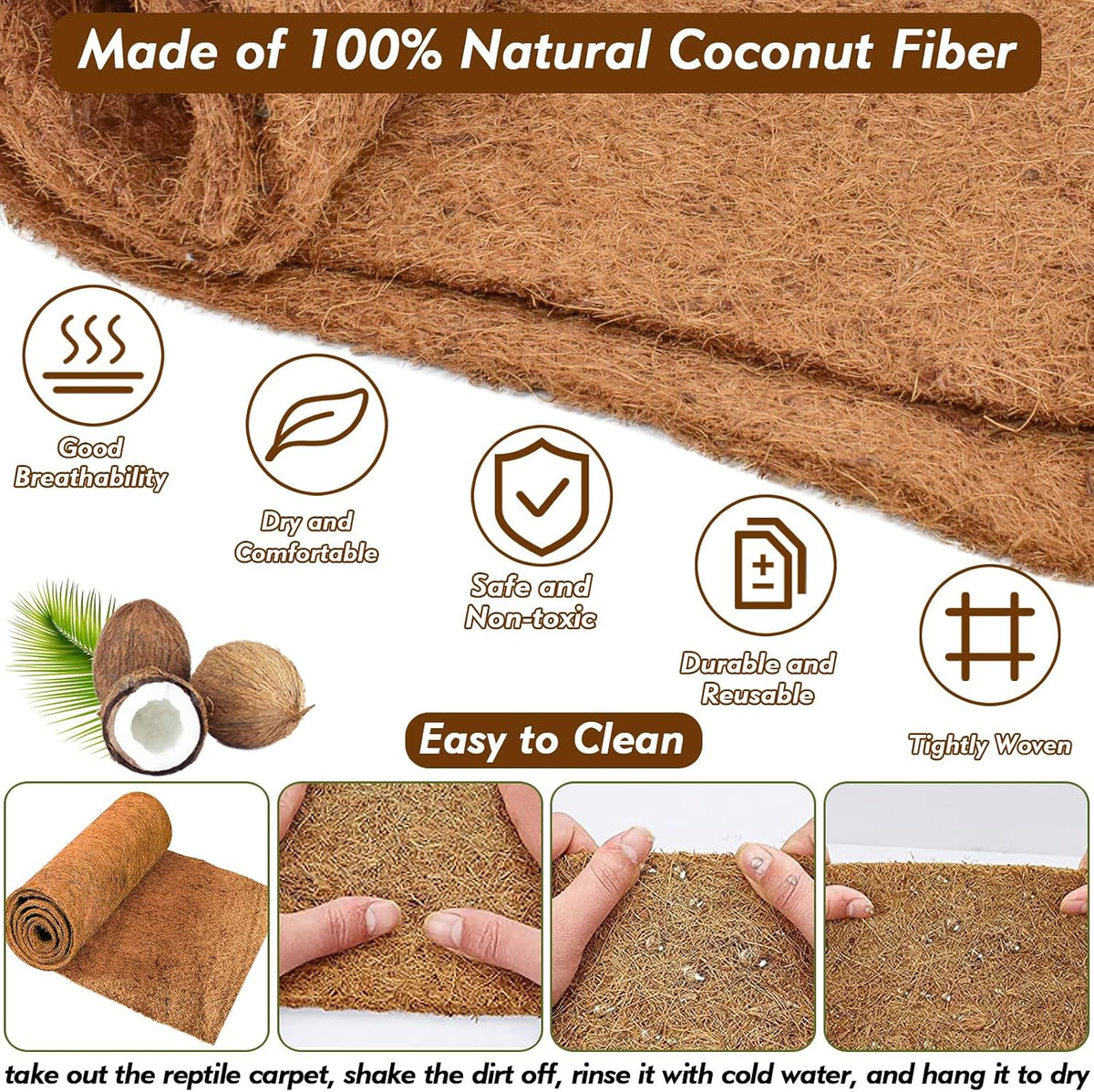Reptile Carpet 12x12 Inch Coconut Fiber Mat for Tank Bedding