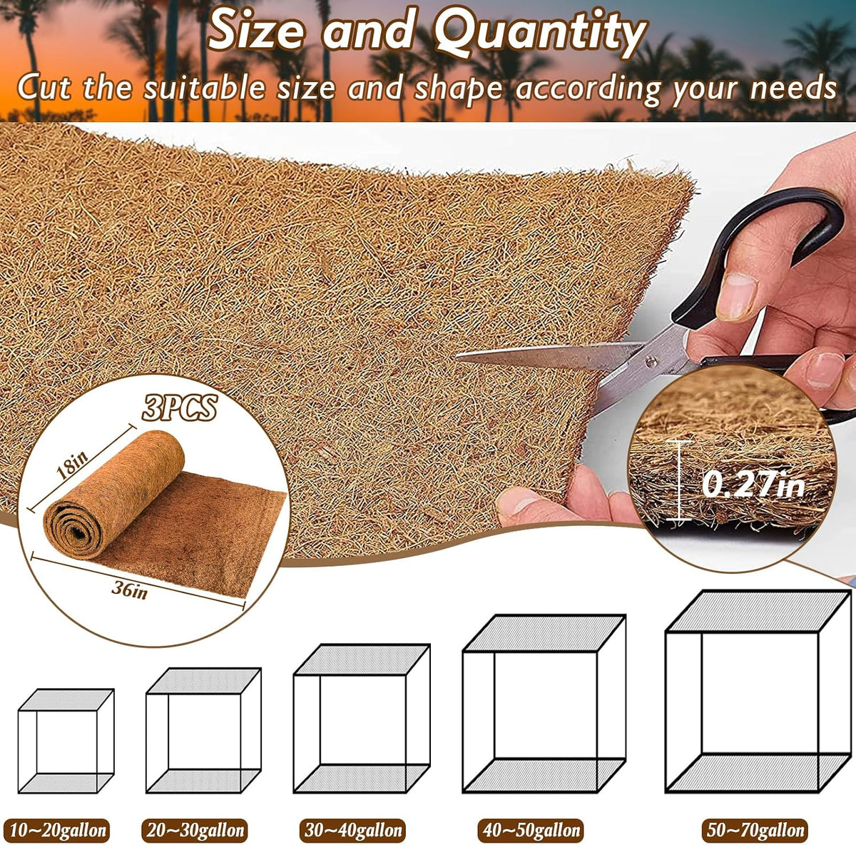 Reptile Carpet 12x12 Inch Coconut Fiber Mat for Tank Bedding