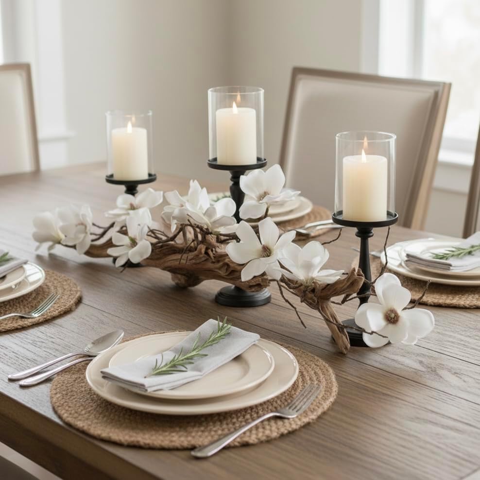 Modern Farmhouse Dining Table Centerpiece, Magnolia Driftwood