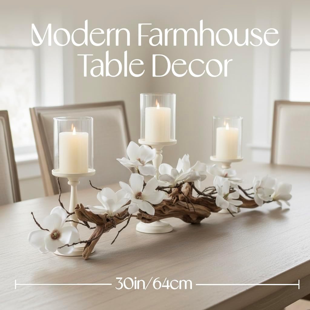 Modern Farmhouse Dining Table Centerpiece, Magnolia Driftwood