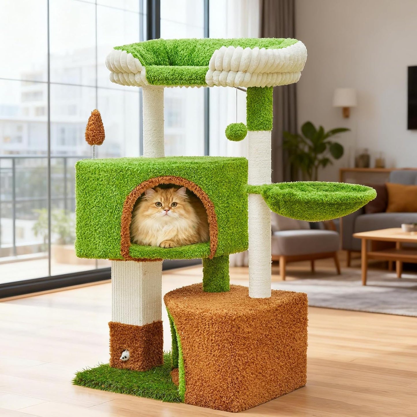 Cat Tree Tower with Large Cat House,Three Platforms Jumping and Sleeping for Cats Multi-Functional for Kittens and Adult Cats (Green)