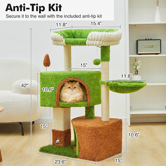 Cat Tree Tower with Large Cat House,Three Platforms Jumping and Sleeping for Cats Multi-Functional for Kittens and Adult Cats (Green)
