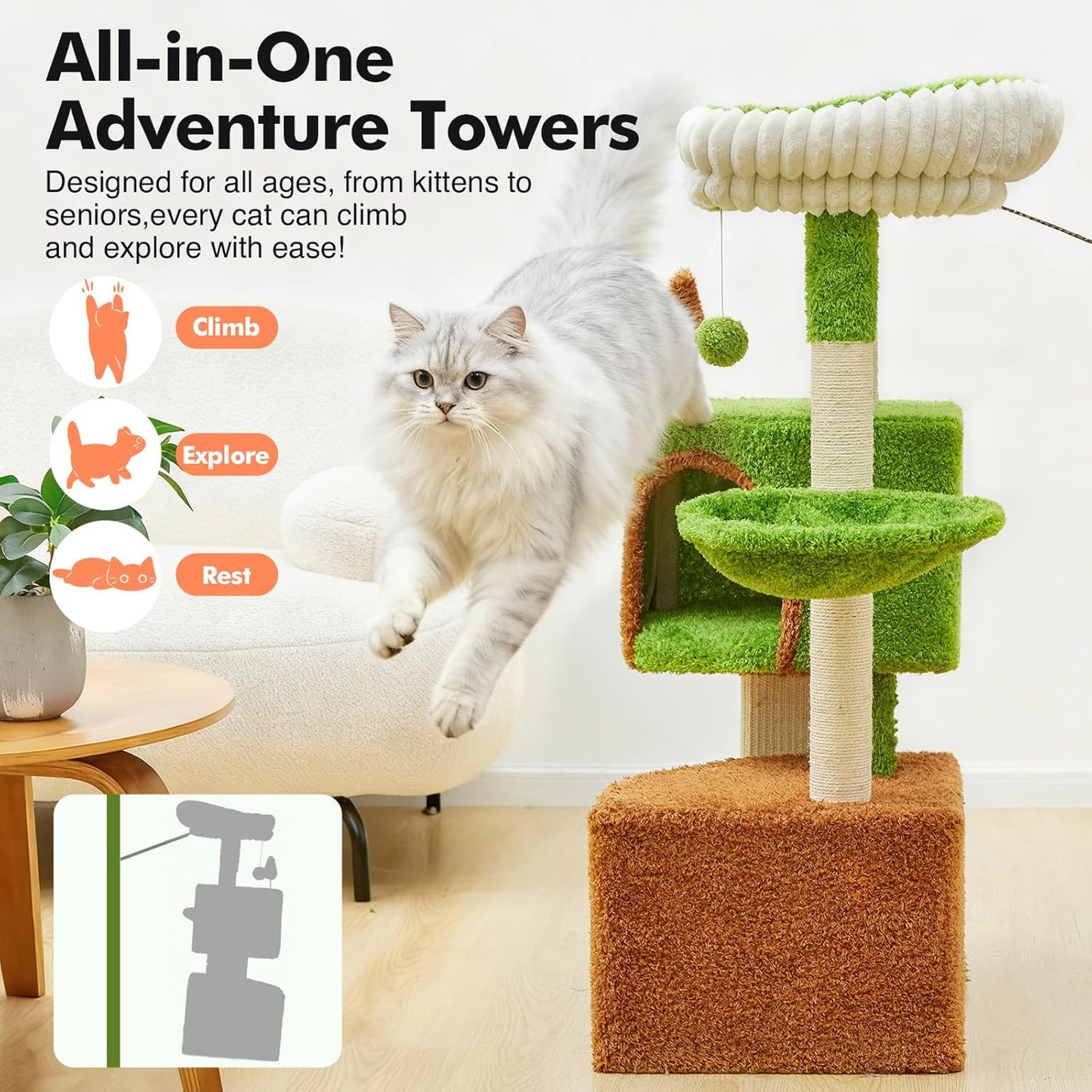 Cat Tree Tower with Large Cat House,Three Platforms Jumping and Sleeping for Cats Multi-Functional for Kittens and Adult Cats (Green)