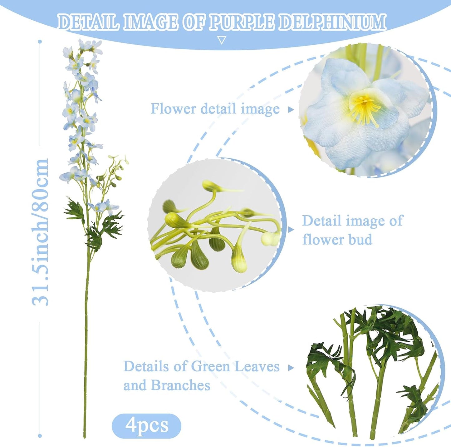 4 Pcs Delphinium Artificial Flowers Light Blue 31" Long Stem Silk Larkspur Faux Flowers Snapdragon Floral Arrangements for Tall Vase Home Wedding Table Centerpiece Outdoor Garden DIY Crafts