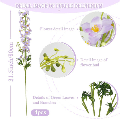 4 Pcs Delphinium Artificial Flowers Light Blue 31" Long Stem Silk Larkspur Faux Flowers Snapdragon Floral Arrangements for Tall Vase Home Wedding Table Centerpiece Outdoor Garden DIY Crafts