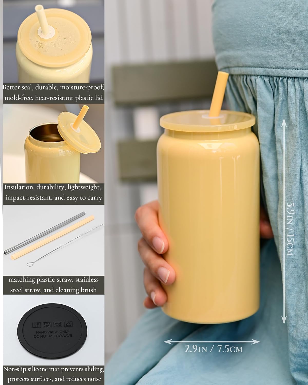 16 oz Sublimatable Tumbler, Insulated Tumbler with Straw | Reusable Iced Coffee Cup with Lid and Straw, Stainless Steel Tumbler with Straw, Yellow, Smooth Sublimation Coating