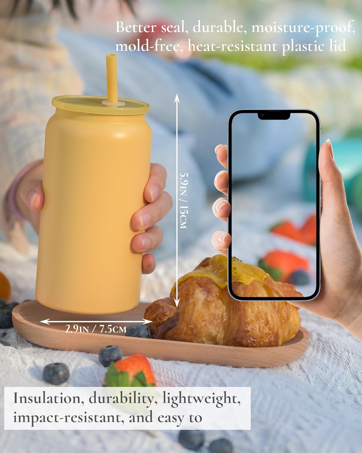 16 oz Sublimatable Tumbler, Insulated Tumbler with Straw | Reusable Iced Coffee Cup with Lid and Straw, Stainless Steel Tumbler with Straw, Yellow, Smooth Sublimation Coating