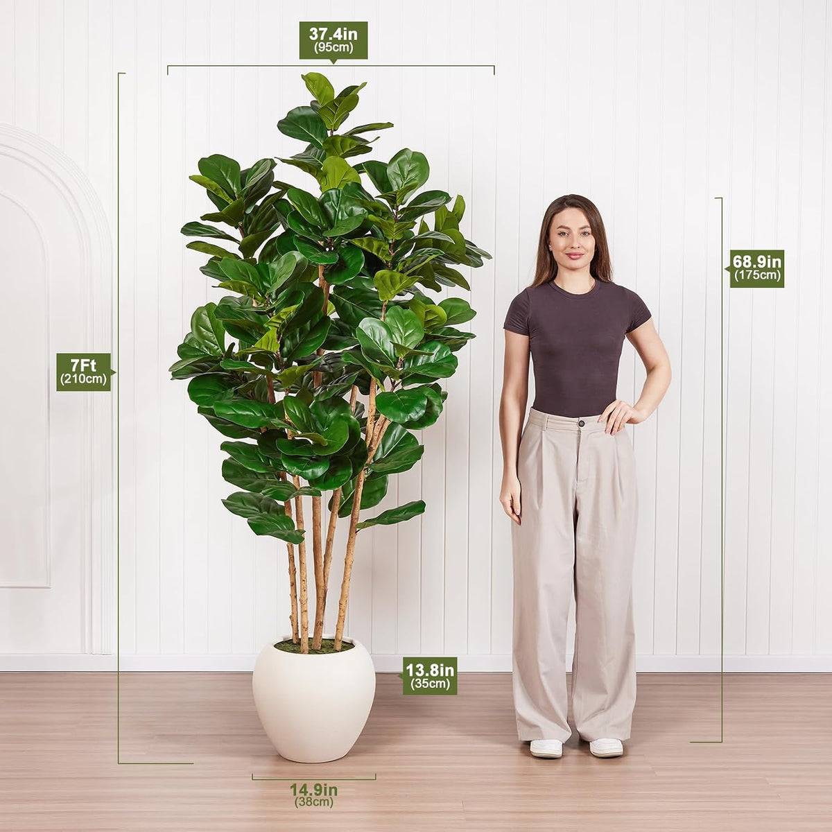 7ft Artificial Fiddle Leaf Fig Tree, 4 Real Wood Trunks
