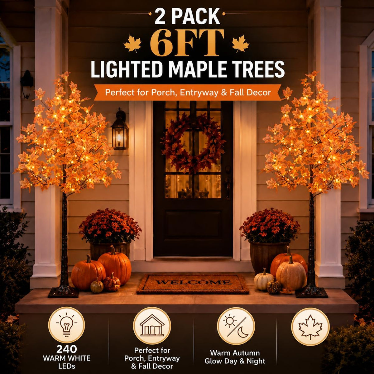 6 Ft Lighted Maple Trees, 240 Warm White LEDs, Fall Decor