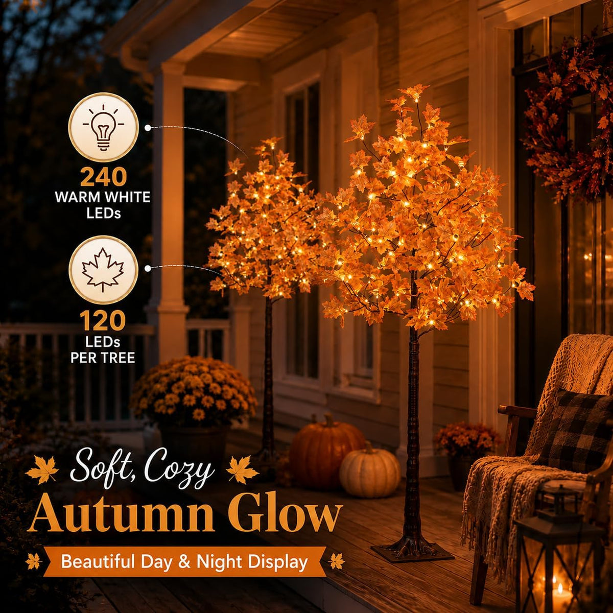 6 Ft Lighted Maple Trees, 240 Warm White LEDs, Fall Decor