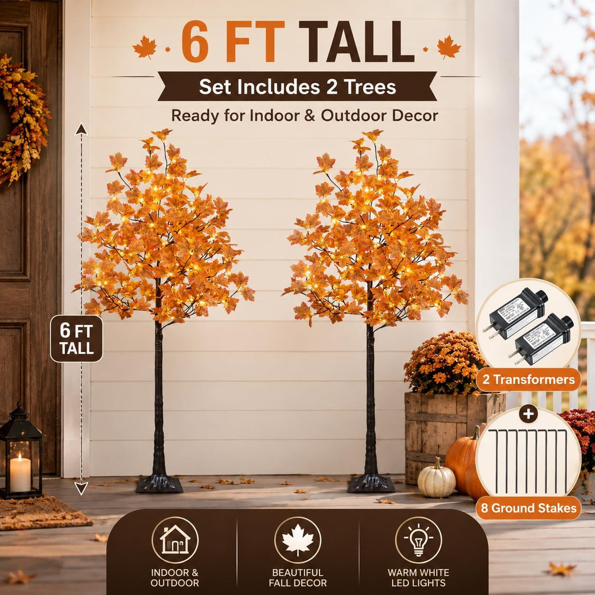 6 Ft Lighted Maple Trees, 240 Warm White LEDs, Fall Decor