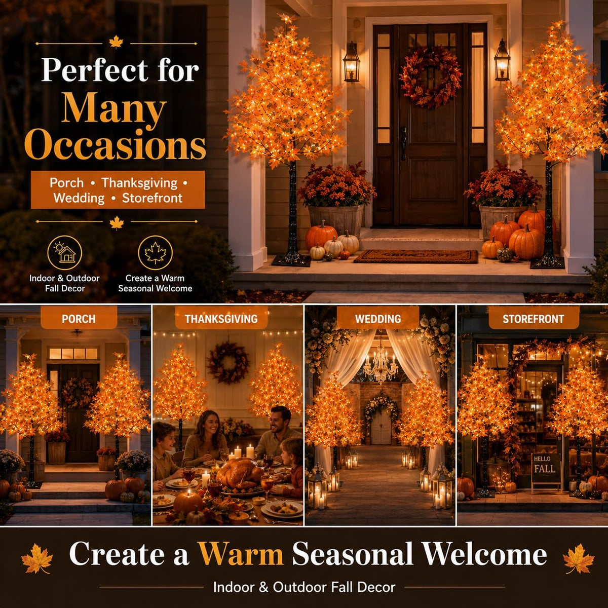 6 Ft Lighted Maple Trees, 240 Warm White LEDs, Fall Decor