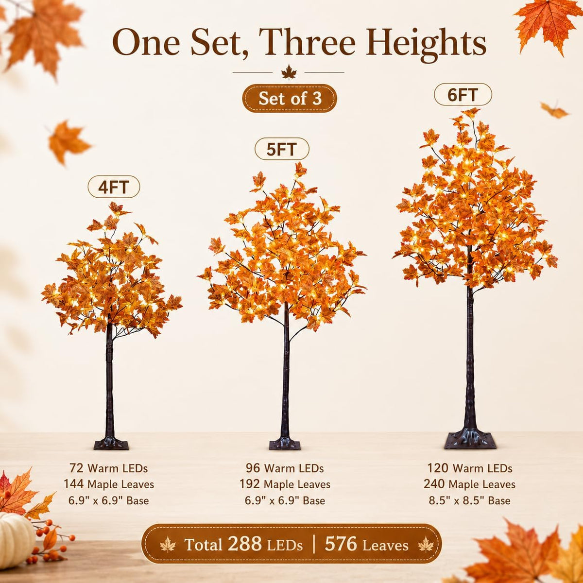 6 Ft Lighted Maple Trees, 240 Warm White LEDs, Fall Decor
