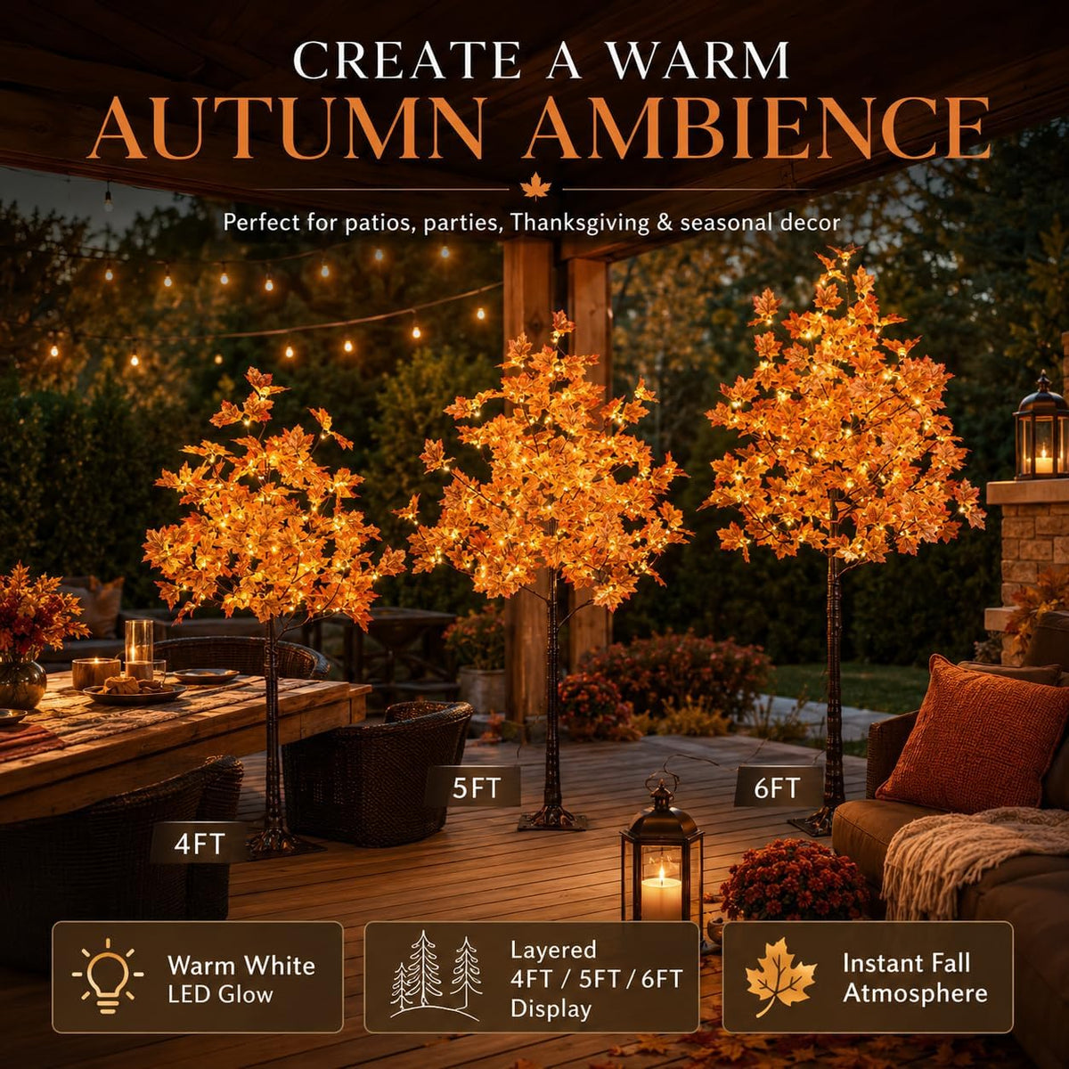6 Ft Lighted Maple Trees, 240 Warm White LEDs, Fall Decor