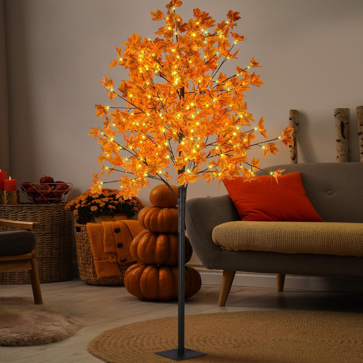 6 Ft Lighted Maple Trees, 240 Warm White LEDs, Fall Decor