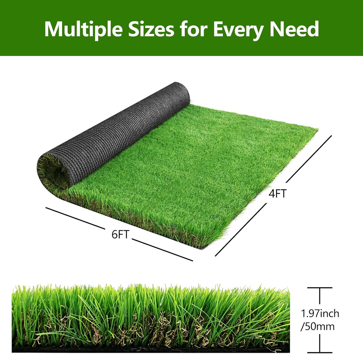 Extra Thick Artificial Grass Rug, 1.97" / 50mm Pile Height High Density Synthetic Fake Grass Turf for Dogs and Pets, Soft Realistic Grass for Patio Backyard Garden Indoor Outdoor, 4FT x 6FT