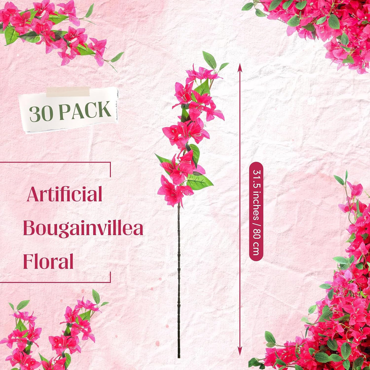 30 Pcs Fake Bougainvillea Bulk Silk Flower UV Resistant, Rose Red