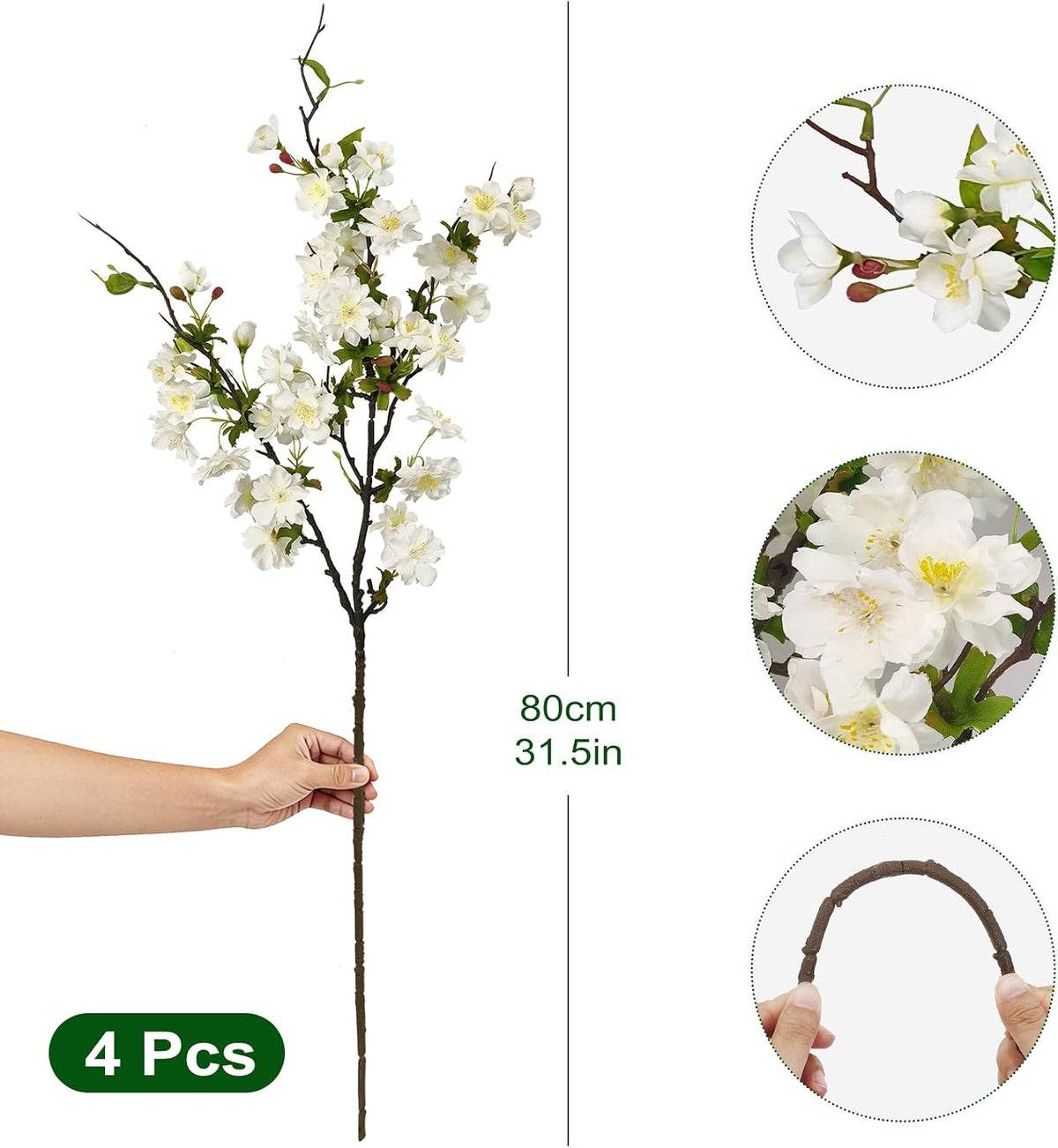 Artificial Cherry Blossom Branches 31.5'', 4 Pack Faux Spring Flowers for Tall Vase, Realistic Flower Stems for Home Decor, Wedding, Easter, Table Centerpiece and Party Decor (Pure White)