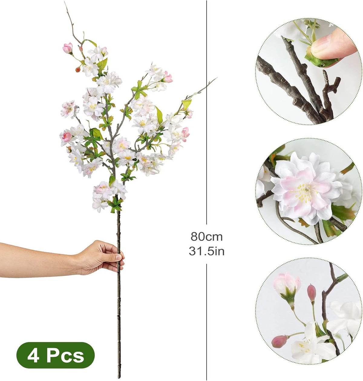 Artificial Cherry Blossom Branches 31.5'', 4 Pack Faux Spring Flowers for Tall Vase, Realistic Flower Stems for Home Decor, Wedding, Easter, Table Centerpiece and Party Decor (Pure White)