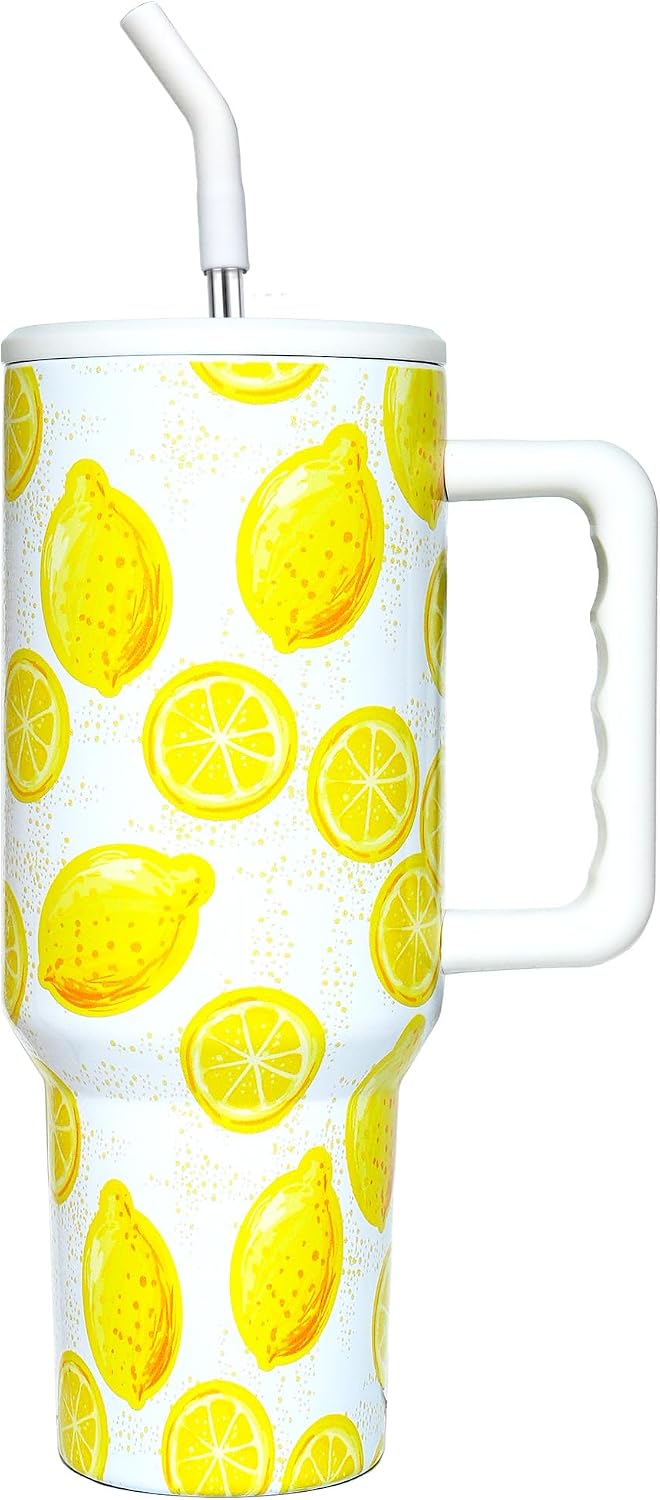 Lemon Tumbler with Straw and Lid Vacuum Insulated 40oz Stainless Steel Cup Gifts for Women Birthday Present Lemon Water Bottle Coffee Cup for Home or Travel