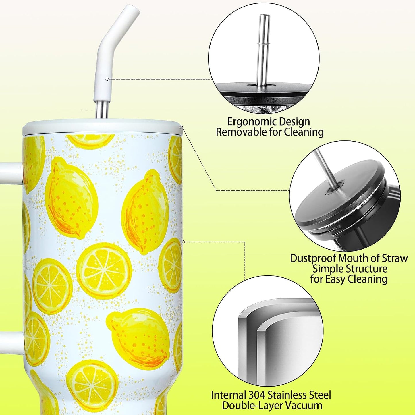 Lemon Tumbler with Straw and Lid Vacuum Insulated 40oz Stainless Steel Cup Gifts for Women Birthday Present Lemon Water Bottle Coffee Cup for Home or Travel