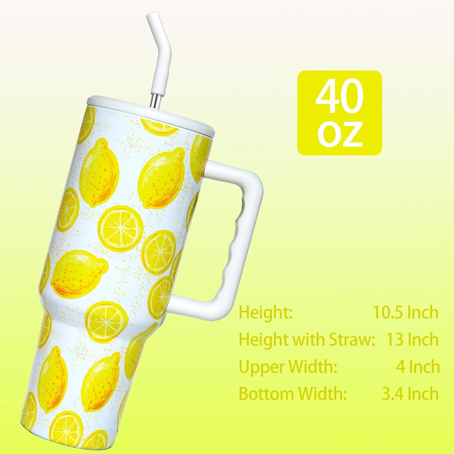 Lemon Tumbler with Straw and Lid Vacuum Insulated 40oz Stainless Steel Cup Gifts for Women Birthday Present Lemon Water Bottle Coffee Cup for Home or Travel