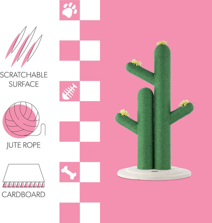 CTR1005A Socorro 34.25" Modern Jute Double-Cactus Cat Scratching Post with Flower Toys, Green/White