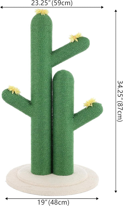 CTR1005A Socorro 34.25" Modern Jute Double-Cactus Cat Scratching Post with Flower Toys, Green/White