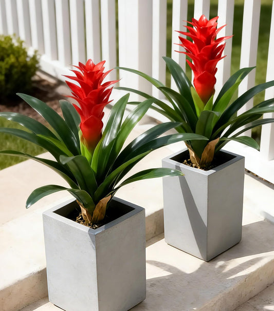 Fake Flowers Plants for Outdoors, 2 Pcs 16.93" Bromeliad Artificial Flowers Uv Resistant Realistic Faux Flowers for Outdoor Planters Outside Porch Patio Yard Garden Indoor Decoration(Red)
