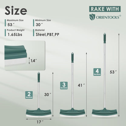 Artificial Turf Rake, Curved Grass Rake with 4-Section Adjustable Steel Handle from 30" to 53", Hand Telescopic Brush, for Artificial Turf, Patios, Carpets, Pet Hairs and Garden Lawn Clean