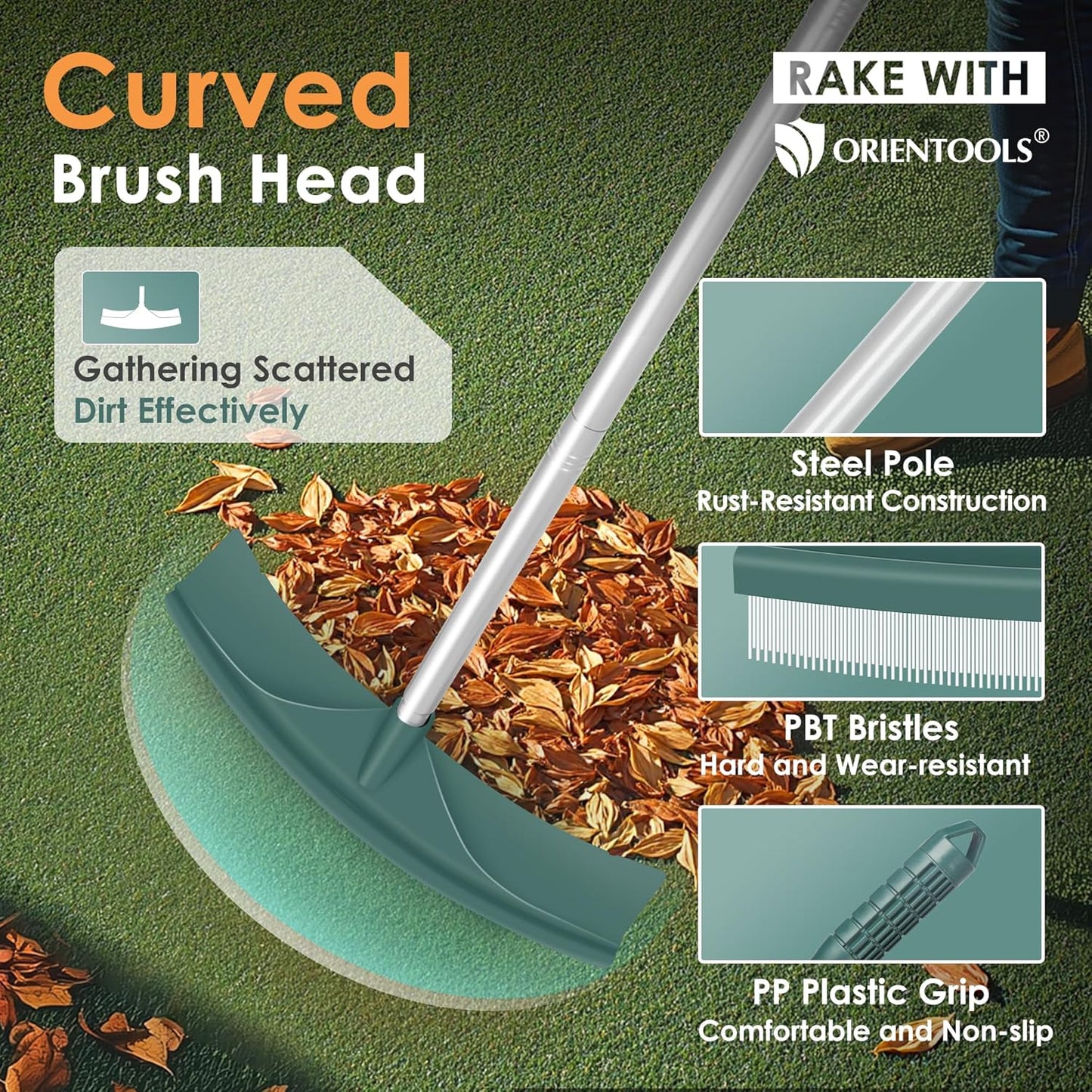 Artificial Turf Rake, Curved Grass Rake with 4-Section Adjustable Steel Handle from 30" to 53", Hand Telescopic Brush, for Artificial Turf, Patios, Carpets, Pet Hairs and Garden Lawn Clean
