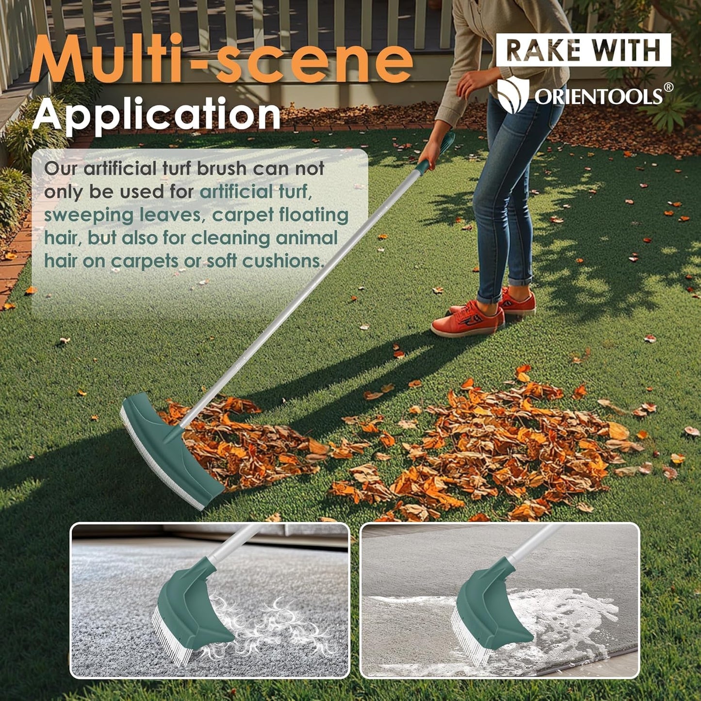 Artificial Turf Rake, Curved Grass Rake with 4-Section Adjustable Steel Handle from 30" to 53", Hand Telescopic Brush, for Artificial Turf, Patios, Carpets, Pet Hairs and Garden Lawn Clean
