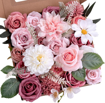 Artificial Flowers Combo Box Purple Fake Rose Flower for Wedding Decoration | Mix Silk Dahlia Rose Flowers with Stem for DIY Bridal Bouquet, Table Centerpiece, Floral Arrangement, Baby Shower Decoration