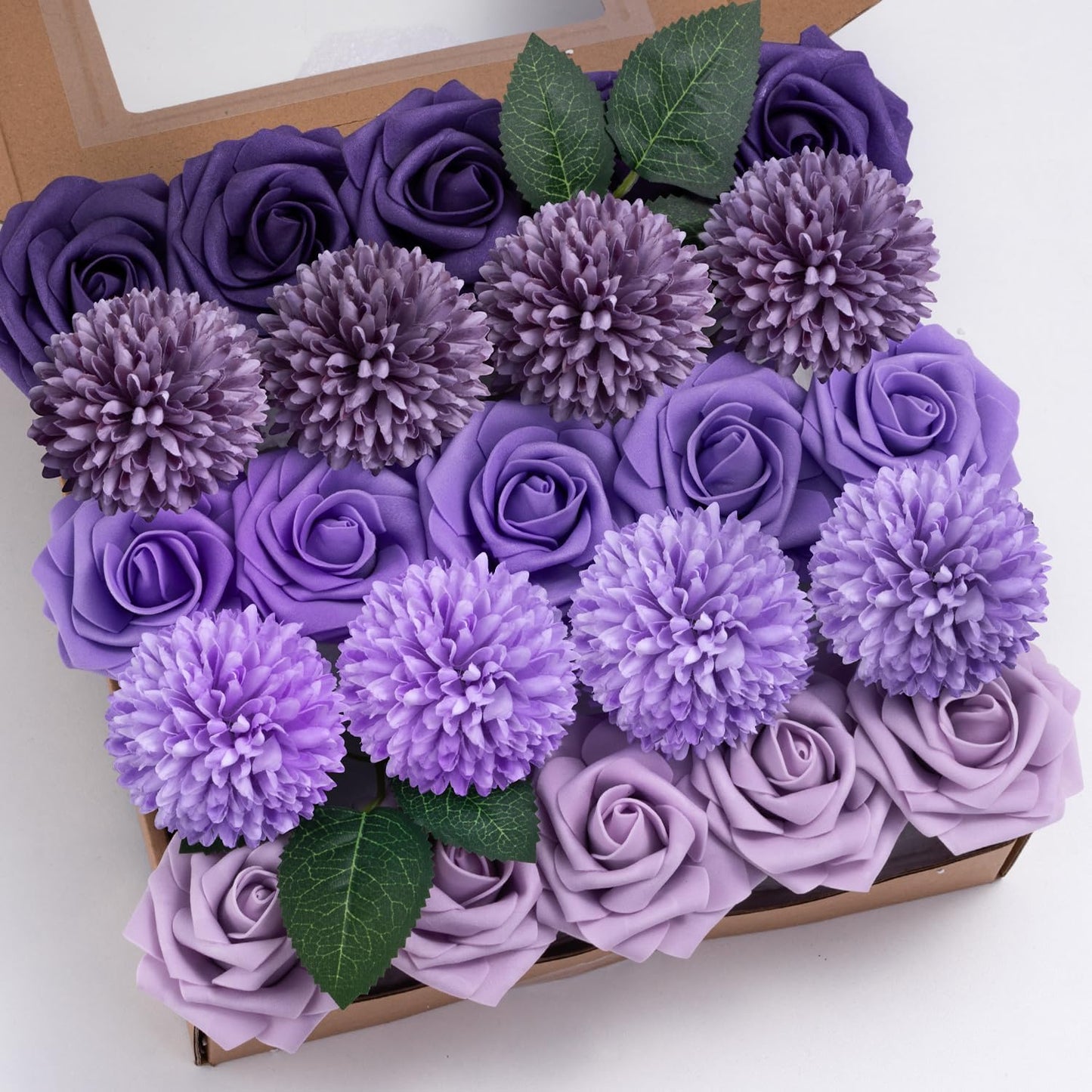 Artificial Flowers Combo Box Purple Fake Rose Flower for Wedding Decoration | Mix Silk Dahlia Rose Flowers with Stem for DIY Bridal Bouquet, Table Centerpiece, Floral Arrangement, Baby Shower Decoration