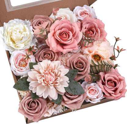 Artificial Flowers Combo Box Purple Fake Rose Flower for Wedding Decoration | Mix Silk Dahlia Rose Flowers with Stem for DIY Bridal Bouquet, Table Centerpiece, Floral Arrangement, Baby Shower Decoration