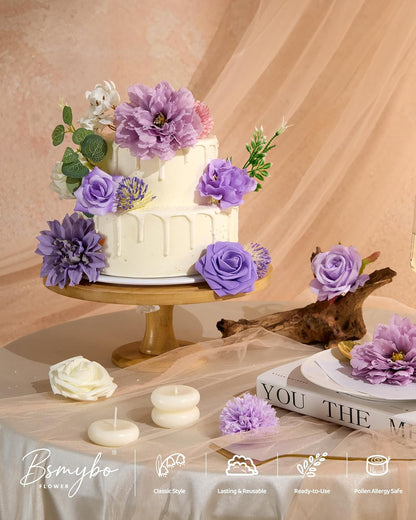 Artificial Flowers Combo Box Purple Fake Rose Flower for Wedding Decoration | Mix Silk Dahlia Rose Flowers with Stem for DIY Bridal Bouquet, Table Centerpiece, Floral Arrangement, Baby Shower Decoration