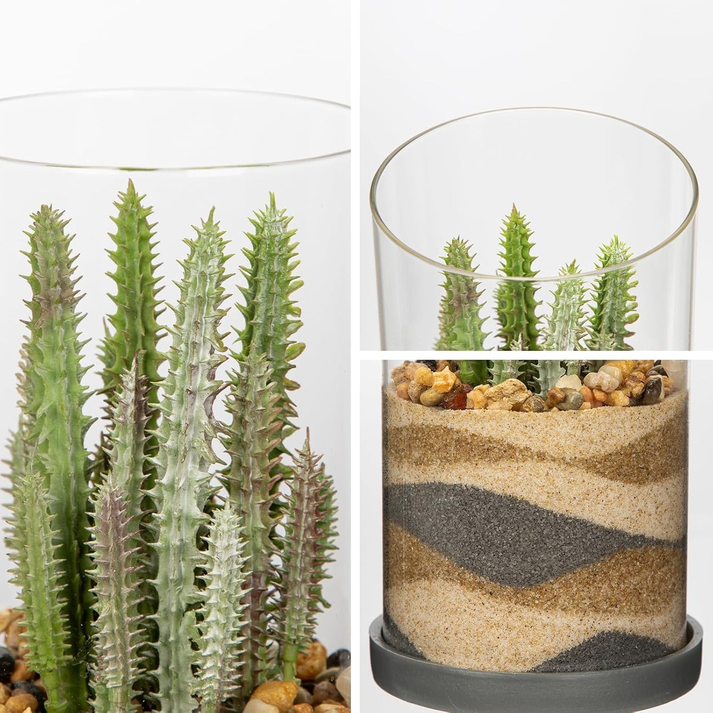 Artificial Succulent in Cylindrical Glass Vase Small Fake Cactus Plant with Modern Glass Terrarium Faux Plants Indoor Gift for Plant Lover Decor for Home Office Table Desk Shelf