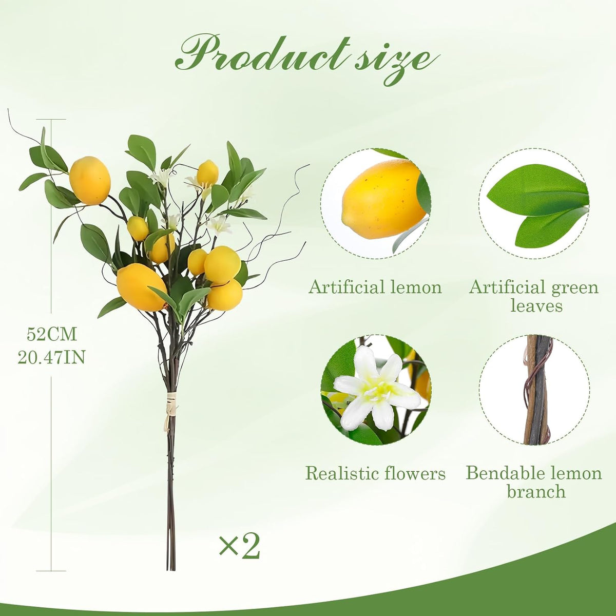 2 Packs Artificial Lemon Branches, Faux Lemon Stems with 16 Lifelike Lemons, Bendable Fake Fruit Branches for Vase, Lemon Kitchen Decor, Farmhouse Home Centerpiece Summer Decoration
