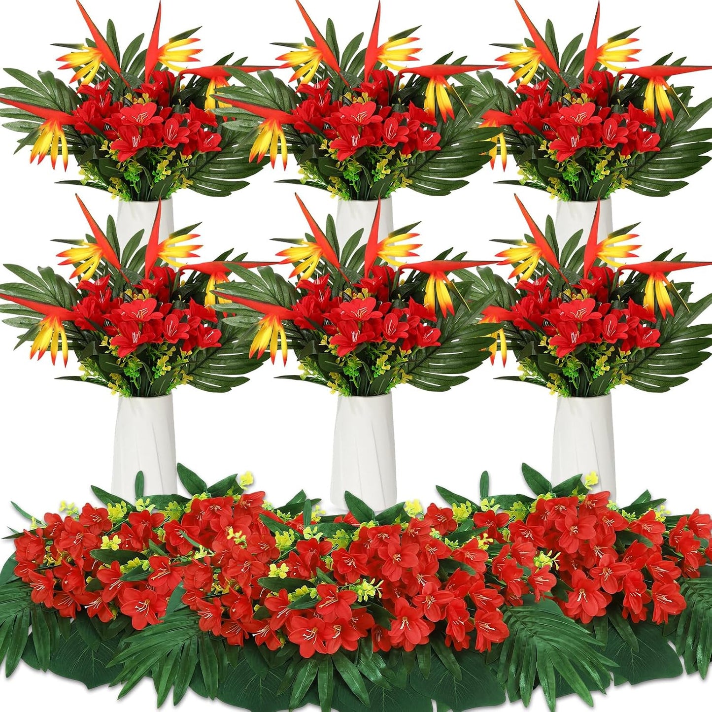 12 Set/ 48 Pcs Artificial Tropical Flower Bouquets Bulk for Hawaii Centerpieces Bird of Paradise Lily Bouquet Permanent Flower Tropical Plant Party Office Home Decor (Multiple Color)