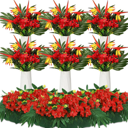 12 Set/ 48 Pcs Artificial Tropical Flower Bouquets Bulk for Hawaii Centerpieces Bird of Paradise Lily Bouquet Permanent Flower Tropical Plant Party Office Home Decor (Multiple Color)