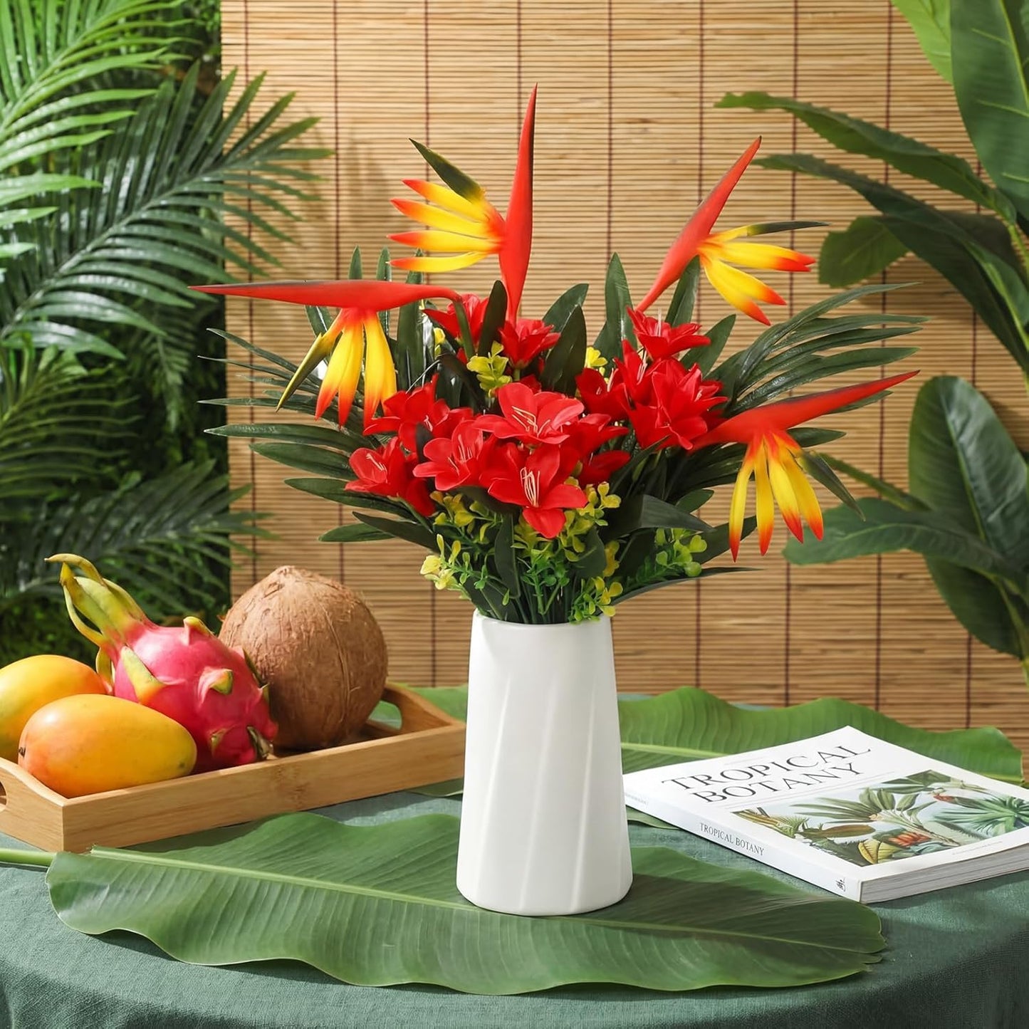 12 Set/ 48 Pcs Artificial Tropical Flower Bouquets Bulk for Hawaii Centerpieces Bird of Paradise Lily Bouquet Permanent Flower Tropical Plant Party Office Home Decor (Multiple Color)